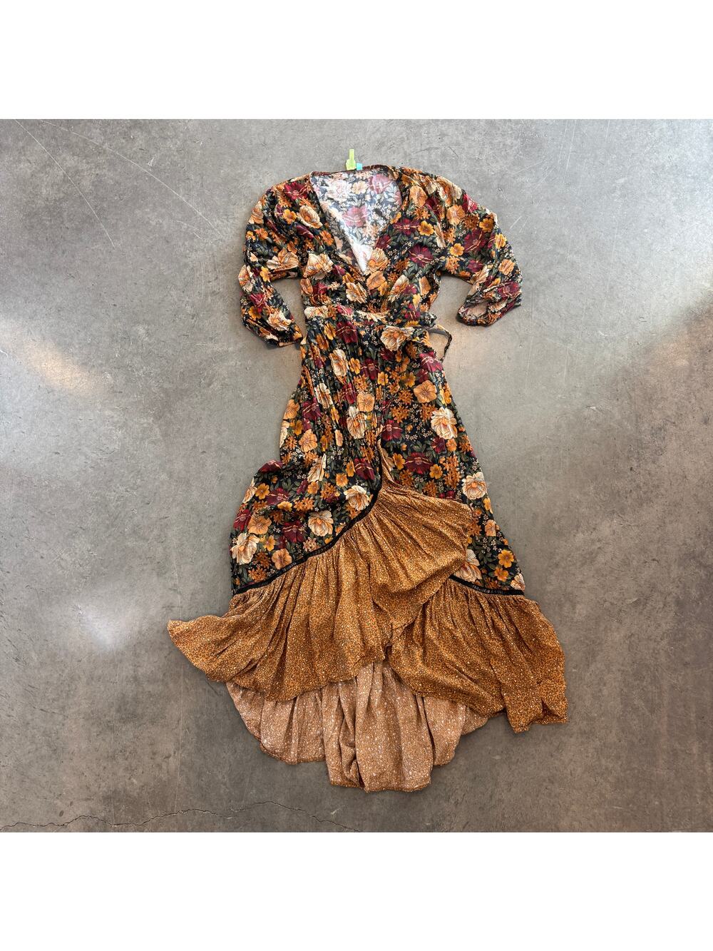 Vintage Y2K Farm Rio Madrid Floral Brown Wrap Maxi Dress Women's Petite Size S